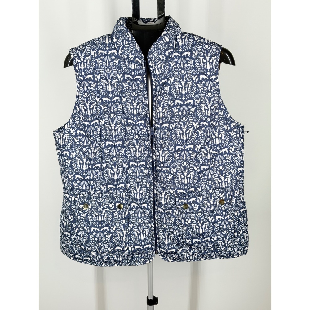 St Johns Bay Puffer Vest XL Navy Blue White Woodland Deer Quilted Zip Up Pockets